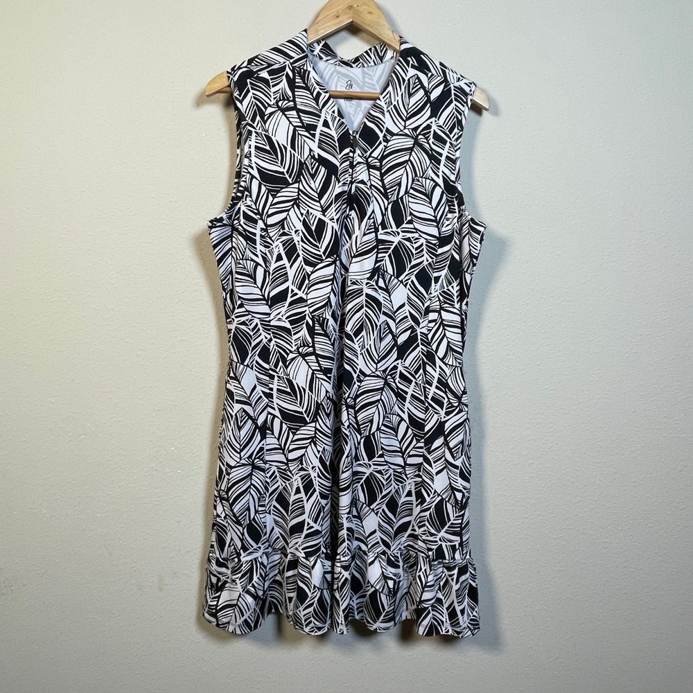 Emerald 18 Sleeveless Ruffle Hem Dress Women L Black White Leaf Coastal Resort